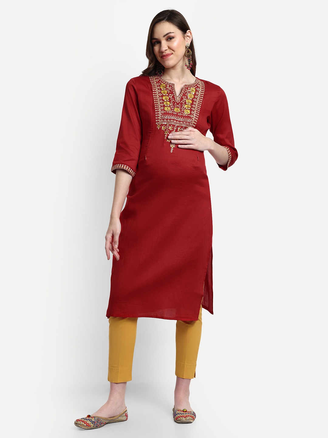 

mumzhug Ethnic Motifs Embroidered Yoke Design Pure Silk Straight Maternity Kurta, Red