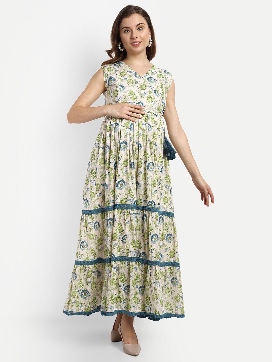 

mumzhug Floral Printed Pure Cotton Maternity Fit & Flare Maxi Dress, Green
