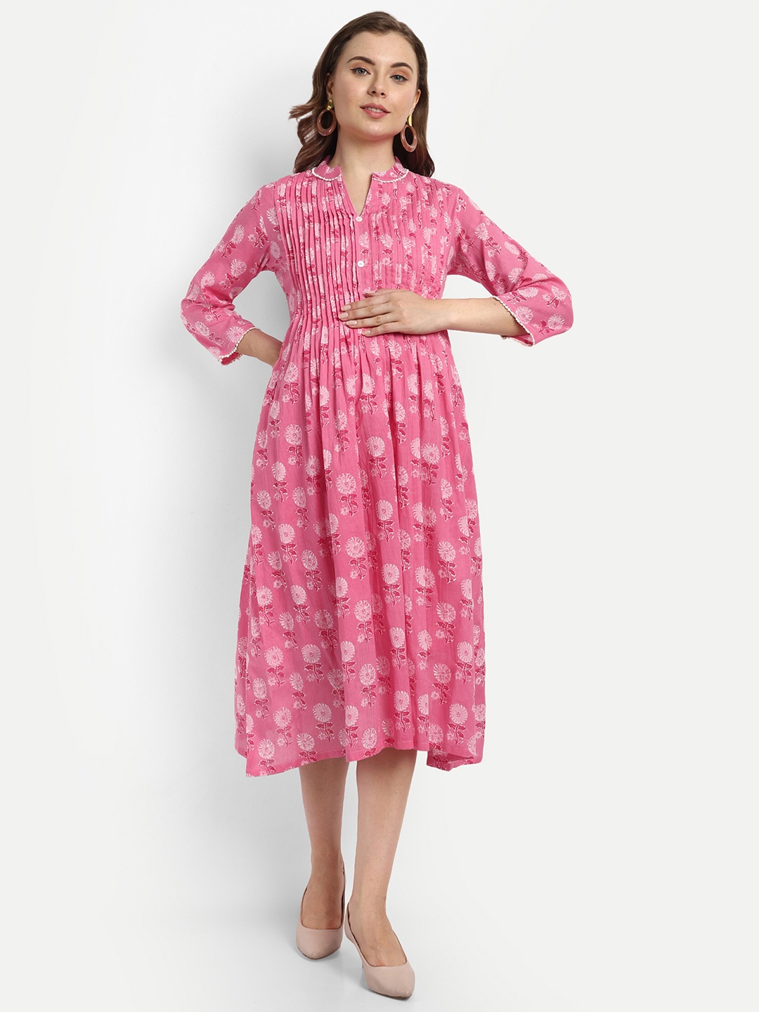mumzhug Floral Printed Pure Cotton Maternity Fit & Flare Midi Dress, Pink