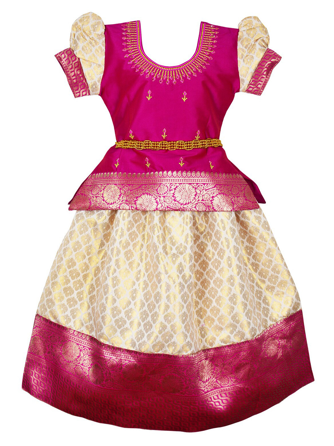 

AMIRTHA FASHION Girls Embroidered Puffed Sleeves Ready to Wear Lehenga Choli, Pink