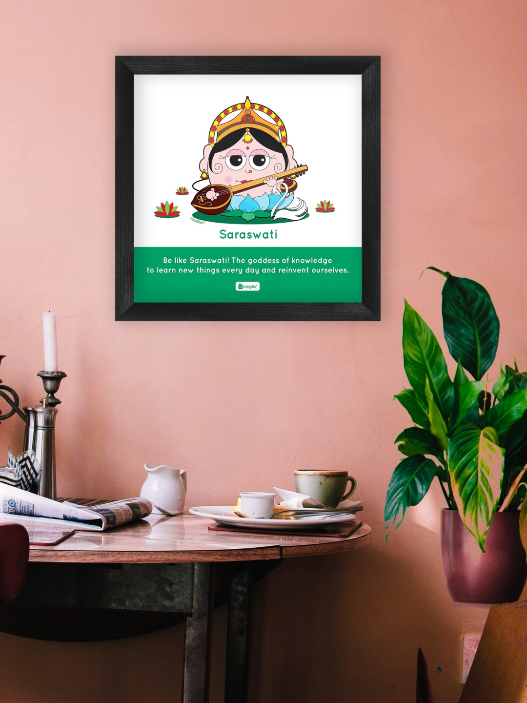 

Indigifts White & Green Be Like Saraswati Printed Poster Frame Diwali Wall Art