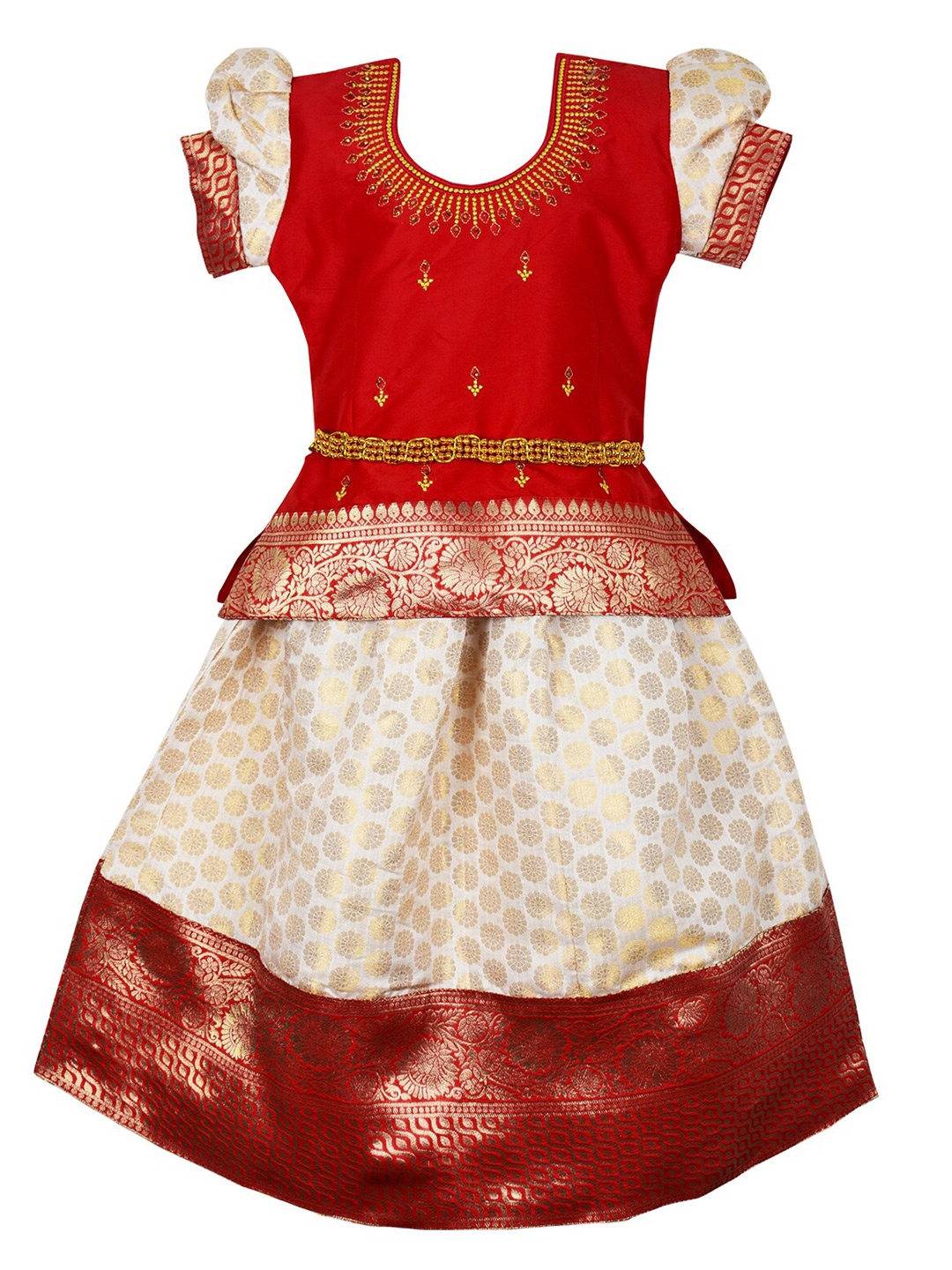 

AMIRTHA FASHION Girls Embroidered Zari Detail Ready to Wear Lehenga Choli, Red