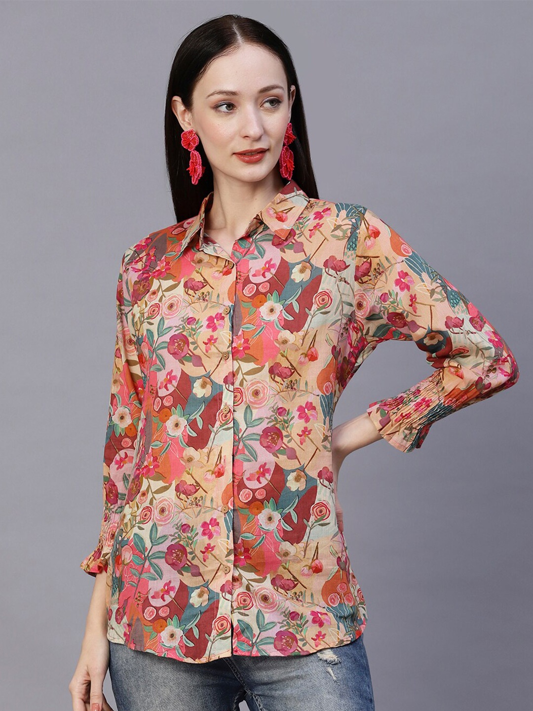 

FASHOR Floral Printed Smocked Sleeves Casual Shirt, Beige