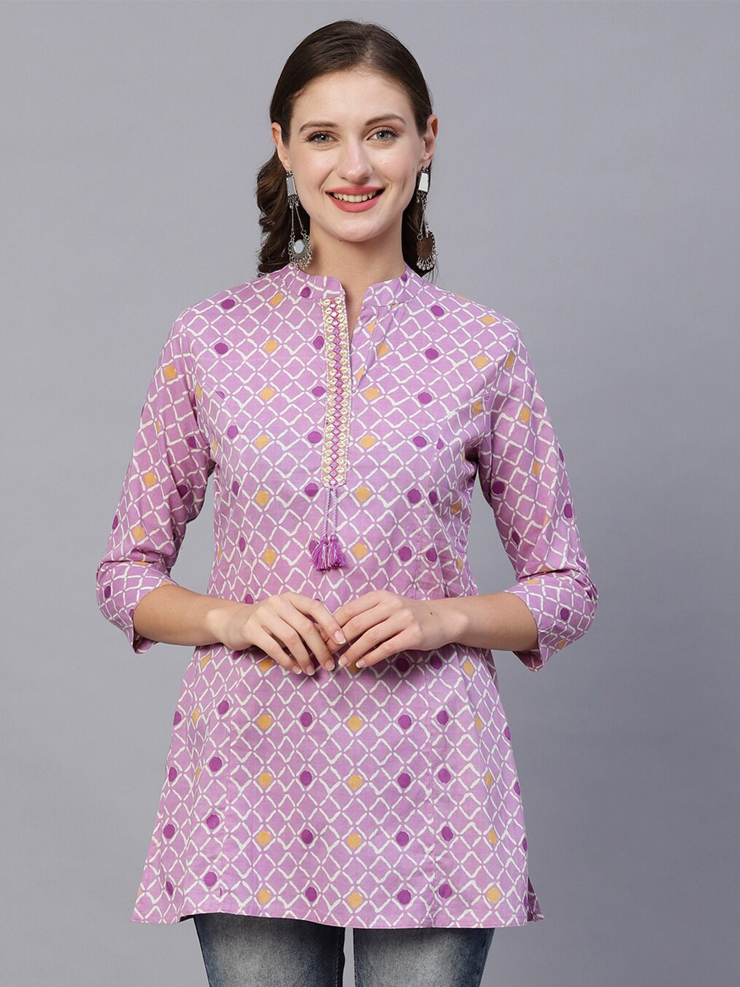 

FASHOR Geometric Printed Zari Pure Cotton Straight Kurti, Purple