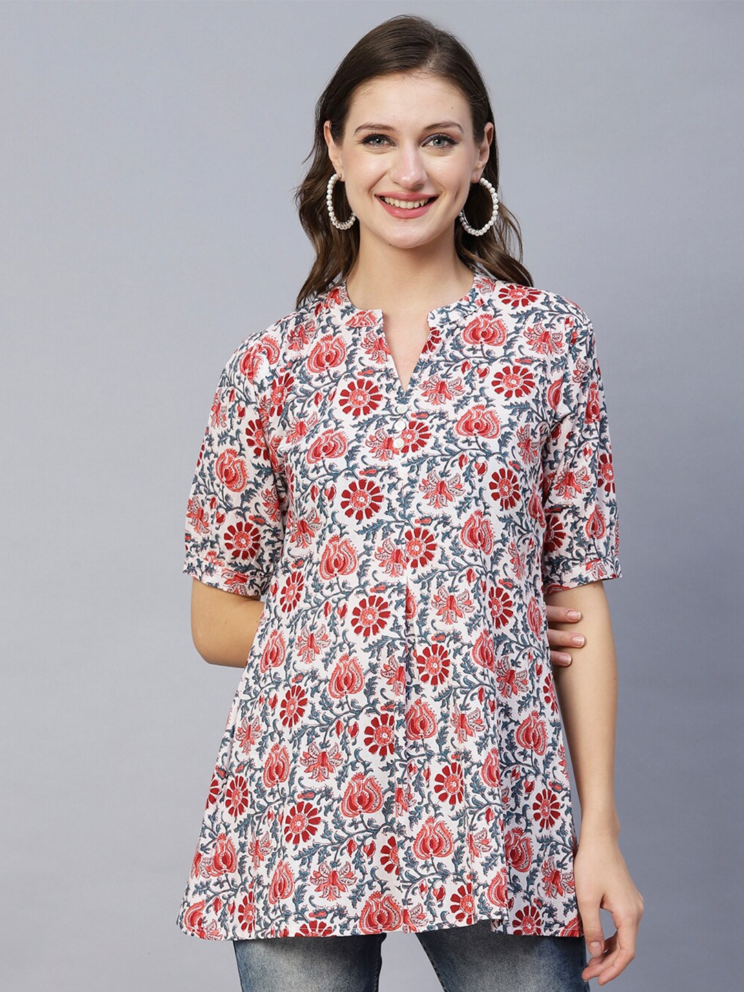 

FASHOR Floral Printed Pure Cotton A Line Kurti, White