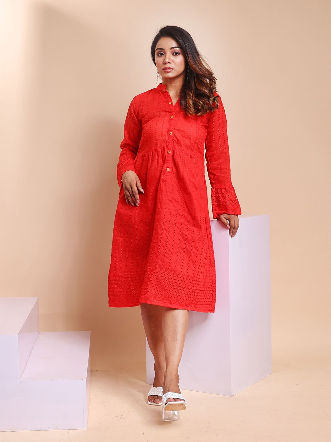

Disli Self Design Mandarin Collar Bell Sleeves Cotton Pleated A-Line Hakoba Dress, Red