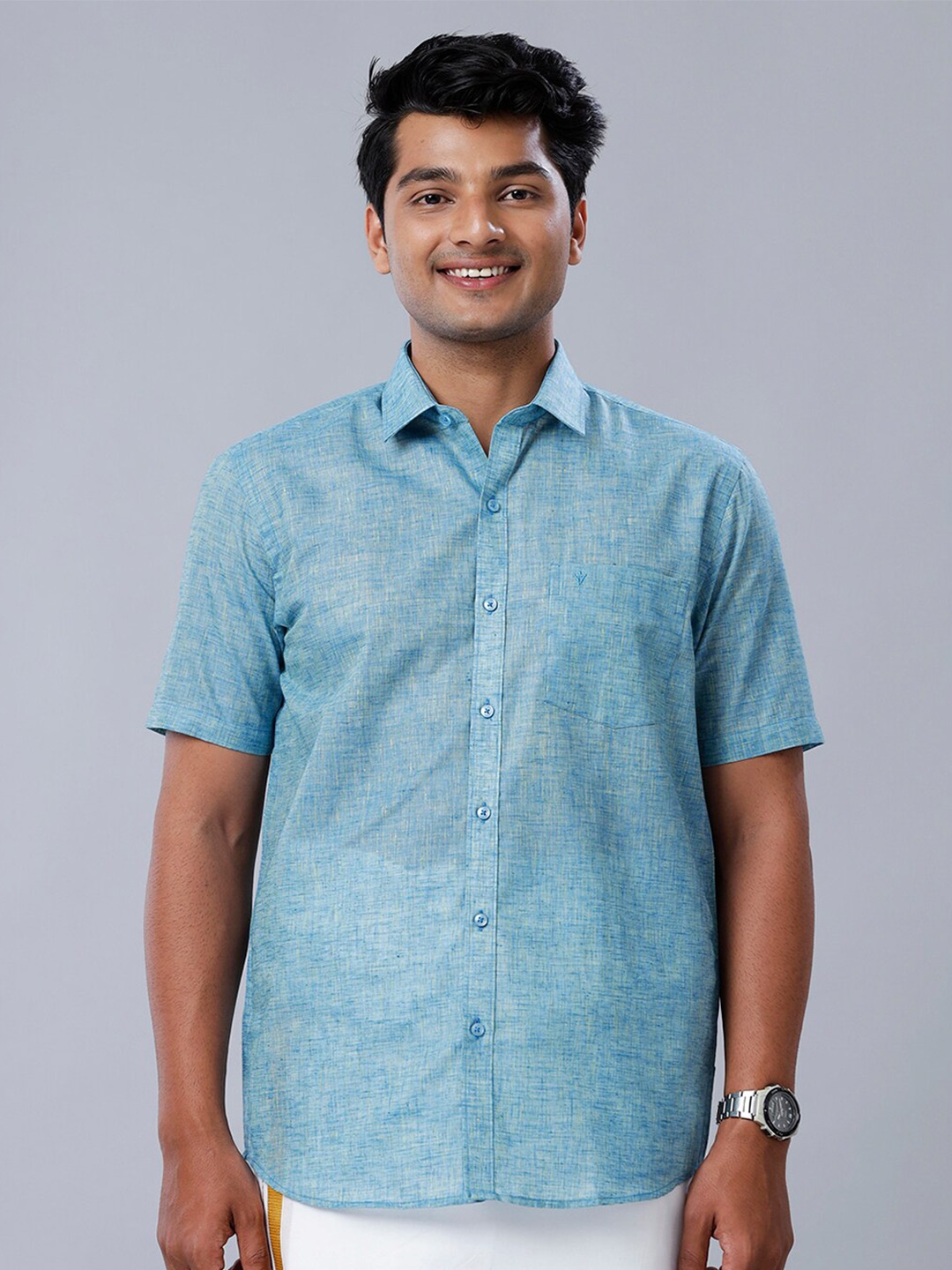 

RAMRAJ COTTON Half Sleeves Poly Cotton Shirt, Blue