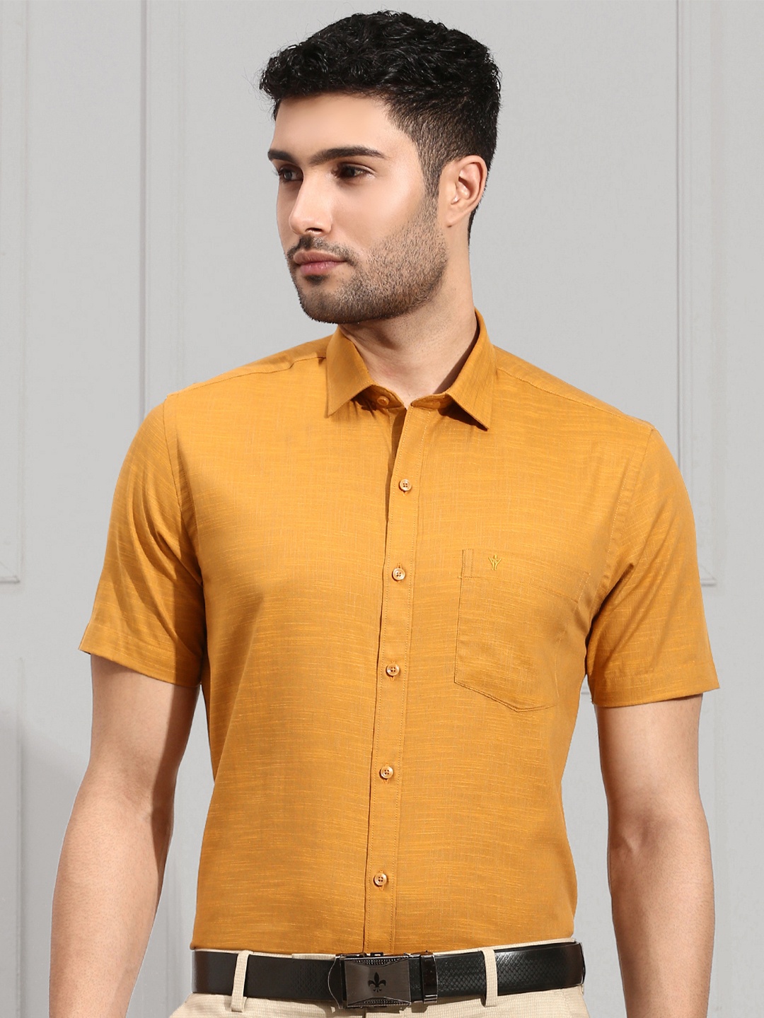 

Ramraj Spread Collar Opaque Cotton Formal Shirt, Mustard