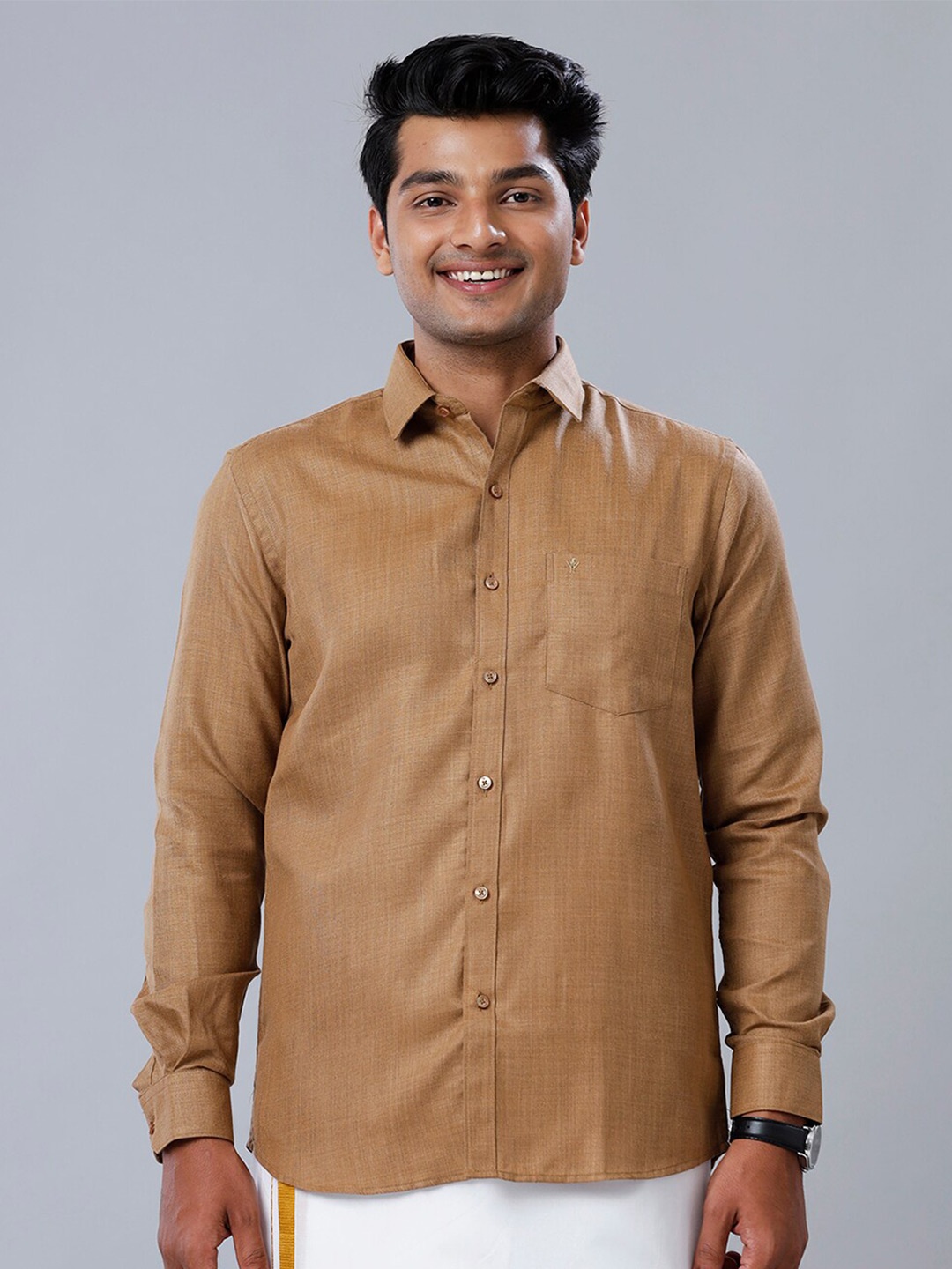 

Ramraj Cotton Men Full Sleeves Poly Cotton Shirt, Tan