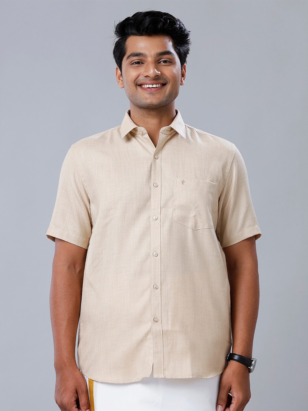 

Ramraj Cotton Men Half Sleeves Poly Cotton Light Brown Shirt