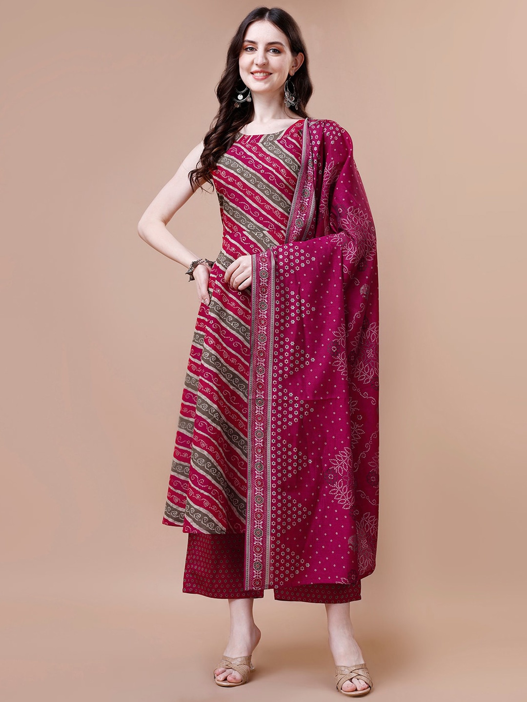 

KALINI Leheriya Printed Chanderi Silk Kurta with Palazzos & Dupatta, Red