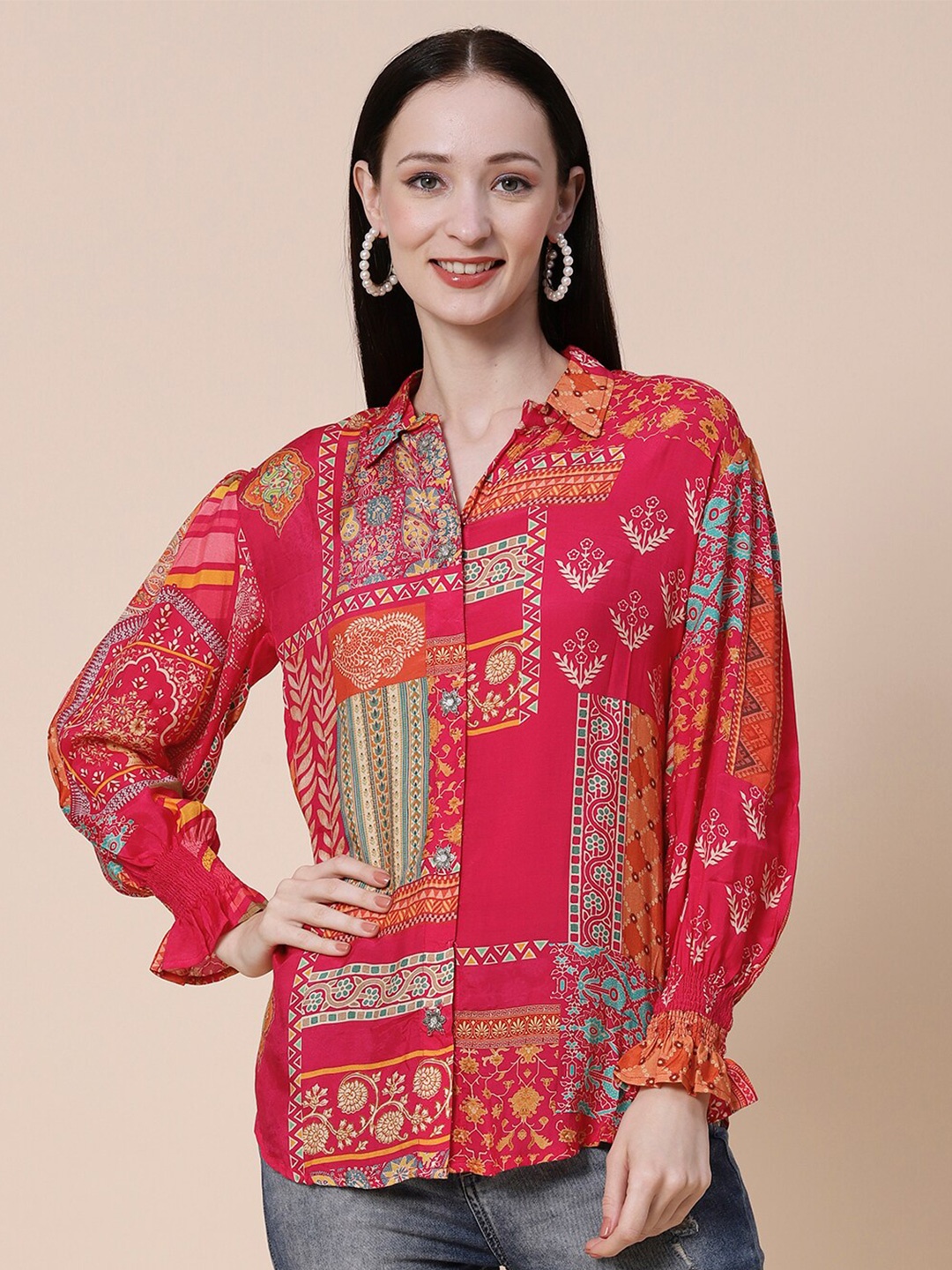 

FASHOR Abstract Printed Smocked Sleeves Casual Shirt, Fuchsia