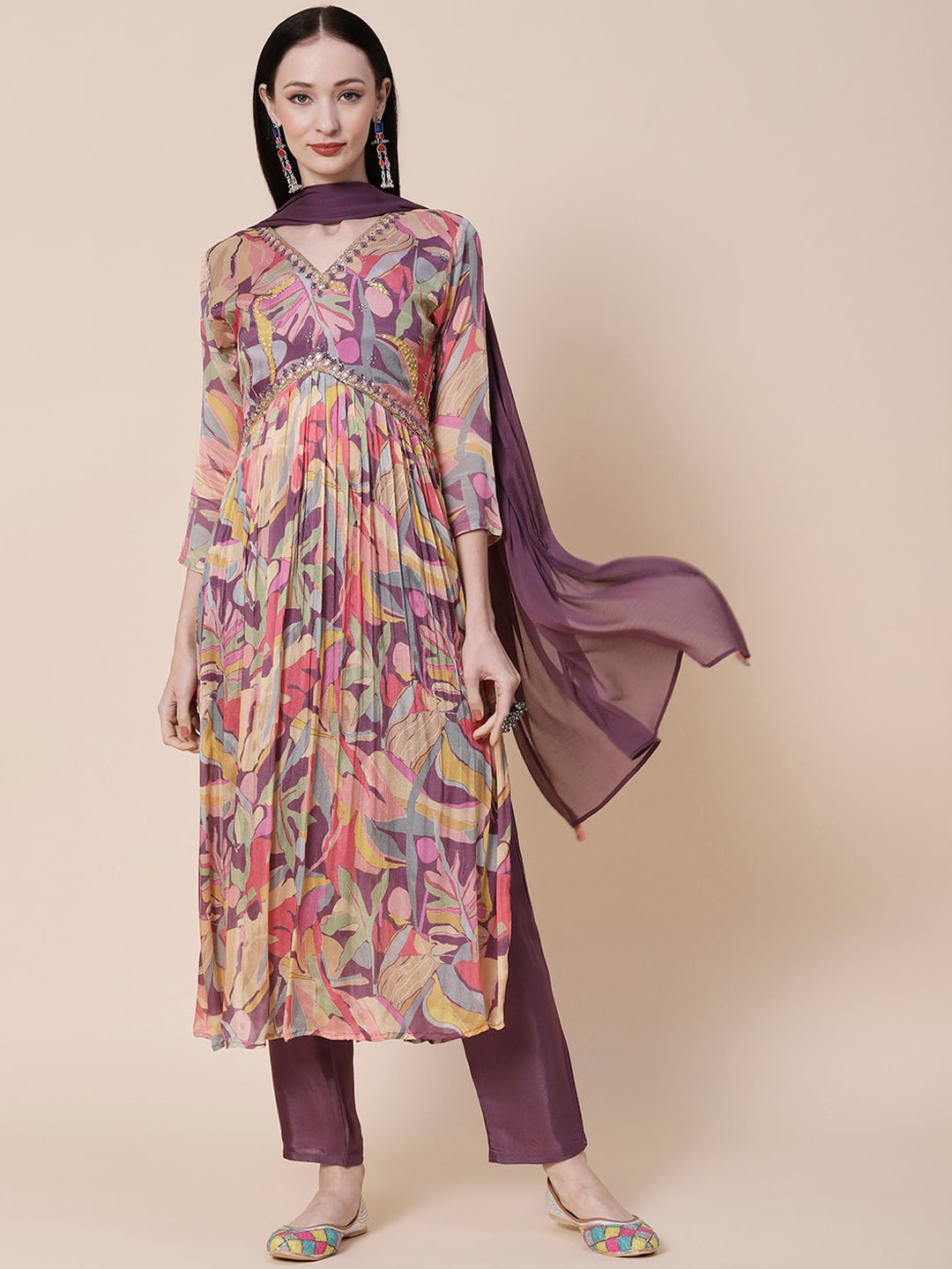 

FASHOR Floral Printed Pleated Kurta With Trousers & Dupatta, Purple