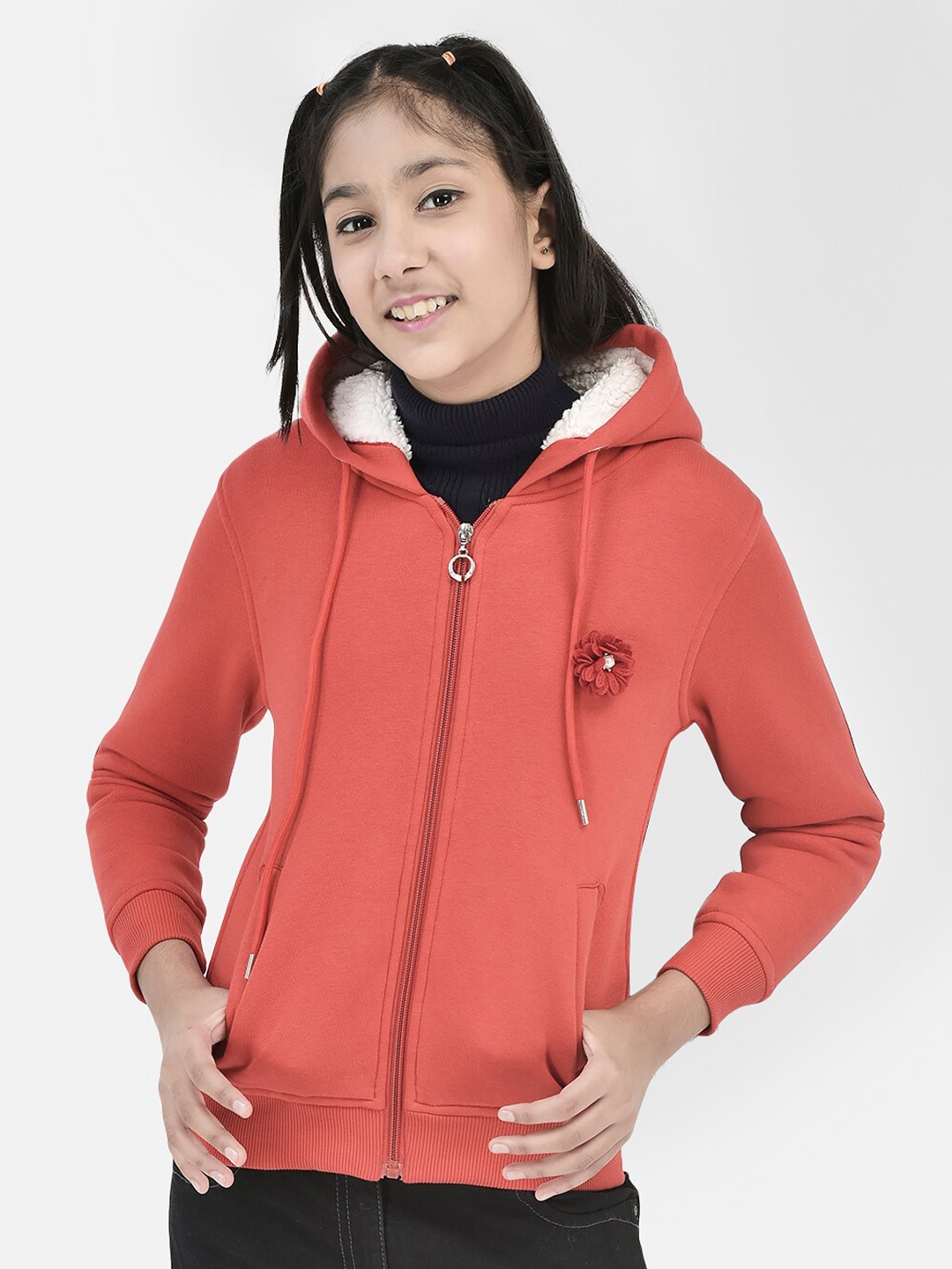 

Crimsoune Club Girls Hooded Neck Cotton Front-Open Sweatshirt, Red