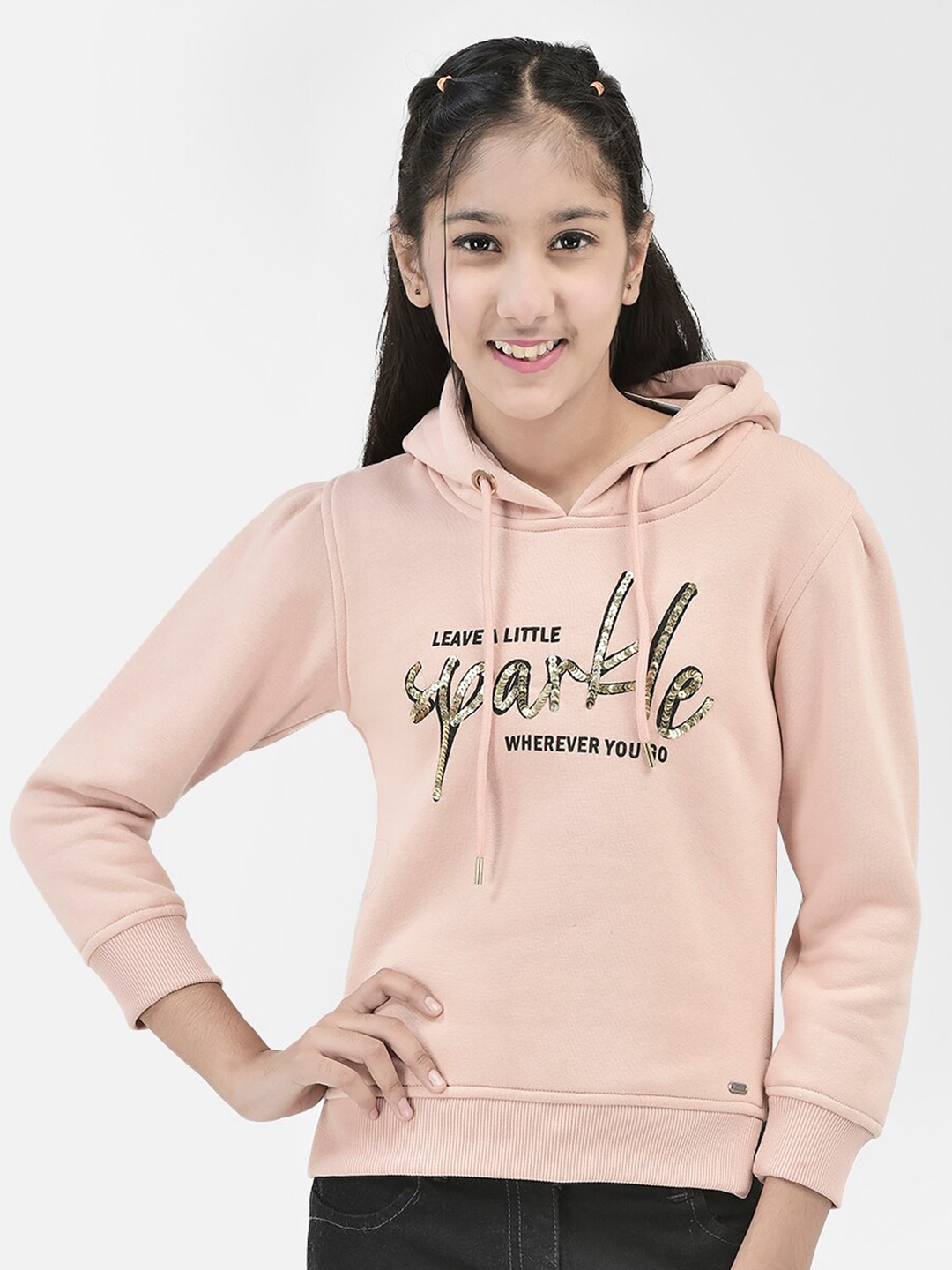 

Crimsoune Club Girls Typography Printed Hooded Neck Cotton Pullover Sweatshirt, Peach