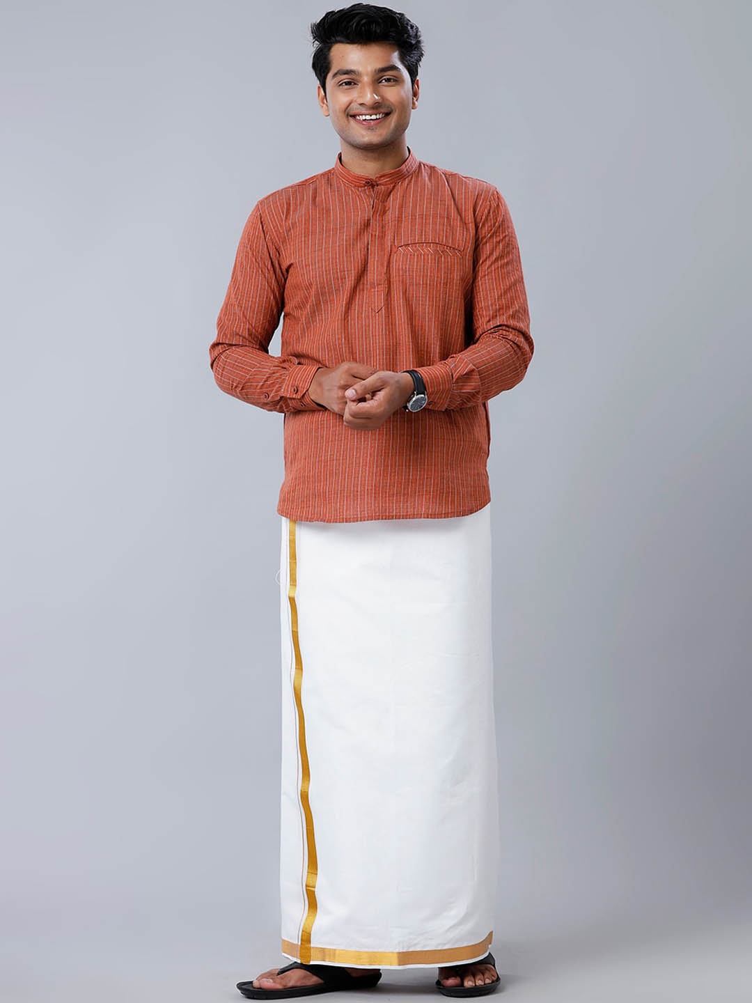 

Ramraj Striped Band Collar Regular Cotton Kurta, Orange