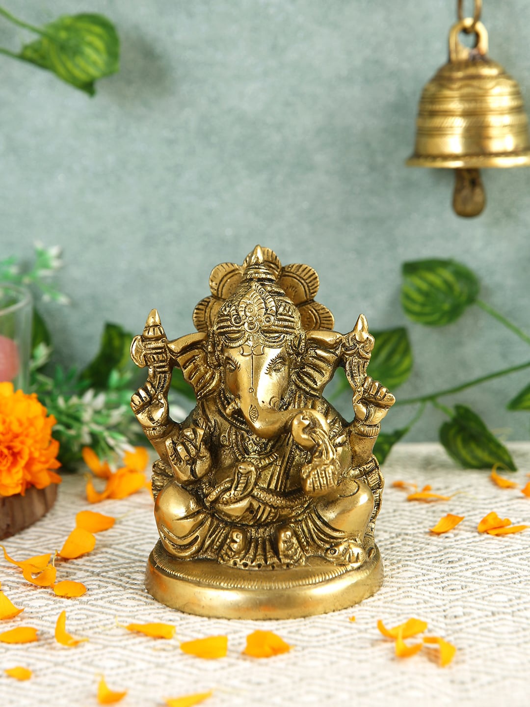 Imli Street Gold Toned 4 Hands Ganesha Brass Idol Showpiece