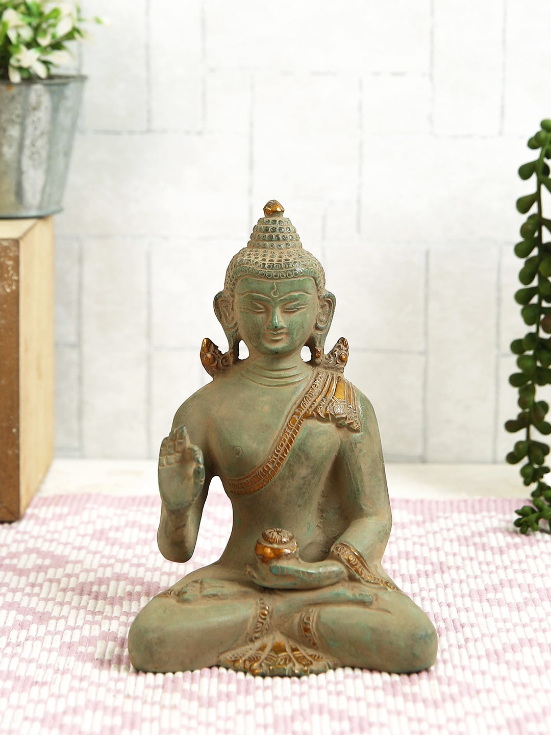 

Imli Street Green & Gold Toned Blessing Buddha Brass Idol Showpiece