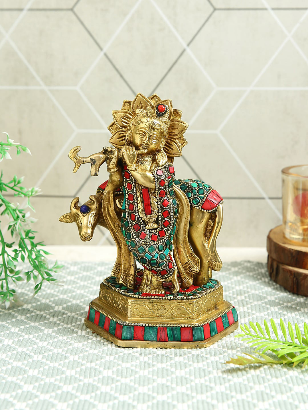 

Imli Street Brown & Red Textured Krishna & Nandi Brass Idol Showpiece