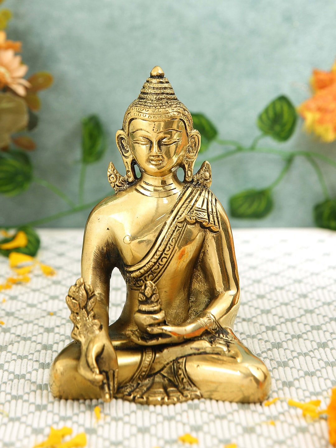 

Imli Street Gold Toned Textured Buddha Sitting Brass Idol Showpiece