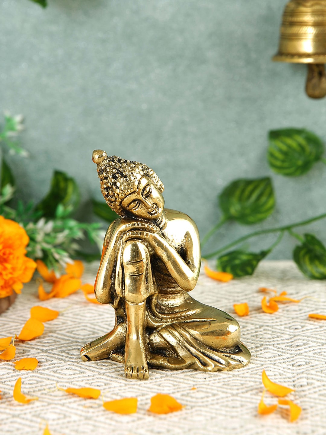 Imli Street Beige Textured Thinking Buddha Idol Brass Showpiece, Gold