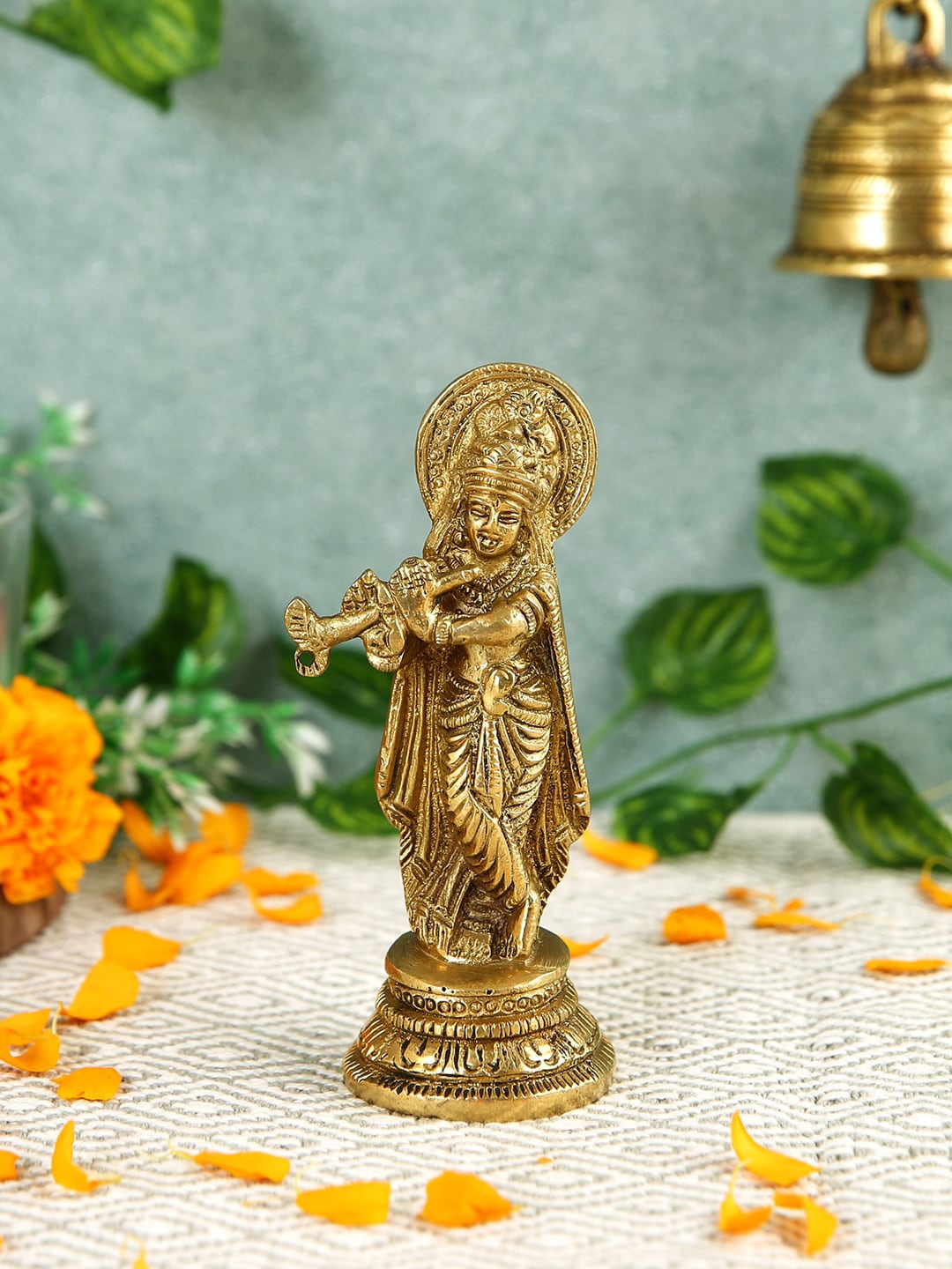 

Imli Street Gold Toned Krishna Round Base Idol Brass Showpiece