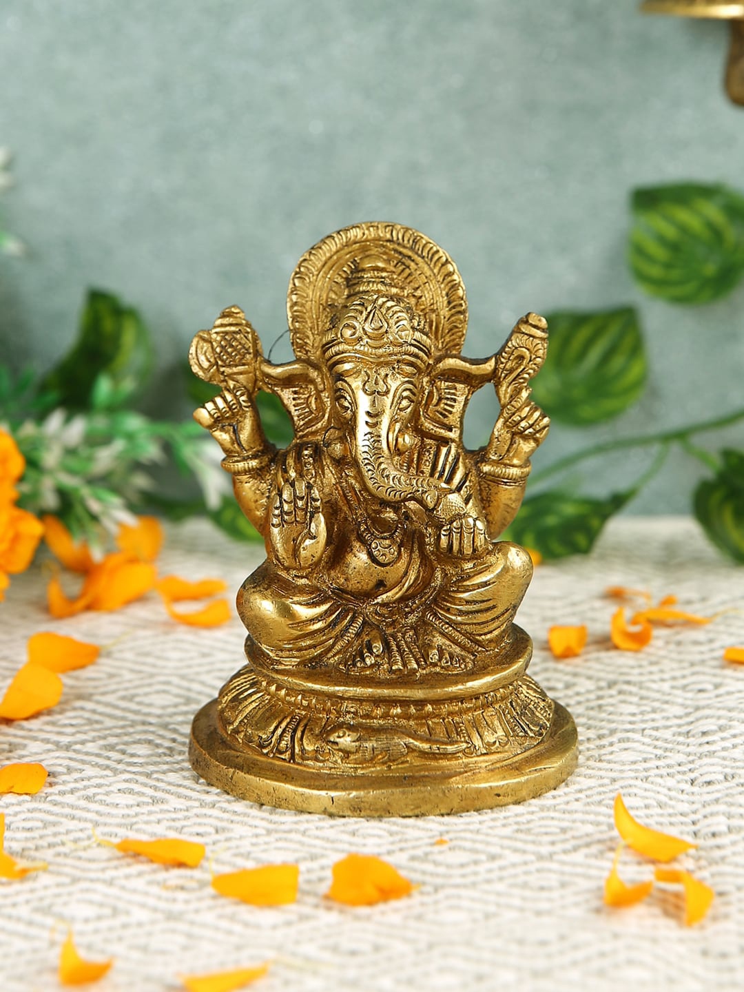 Imli Street Golden Textured Ganesh Brass Idol Showpiece, Gold