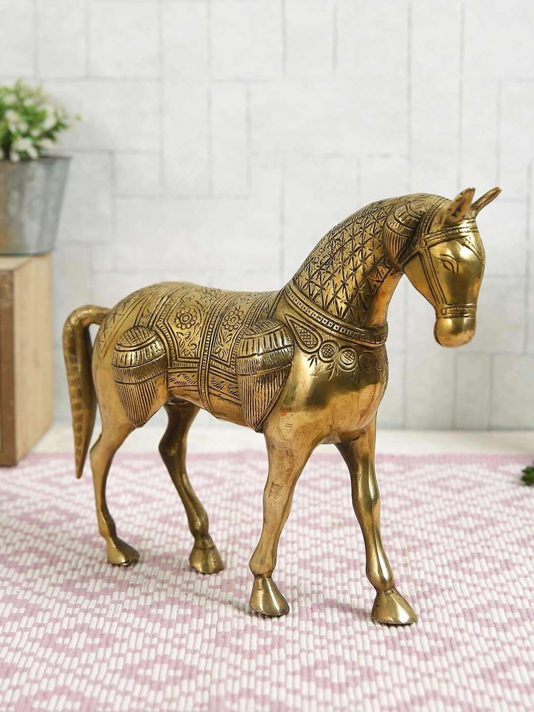 

Imli Street Yellow Brass Horse Carved Table top Showpiece