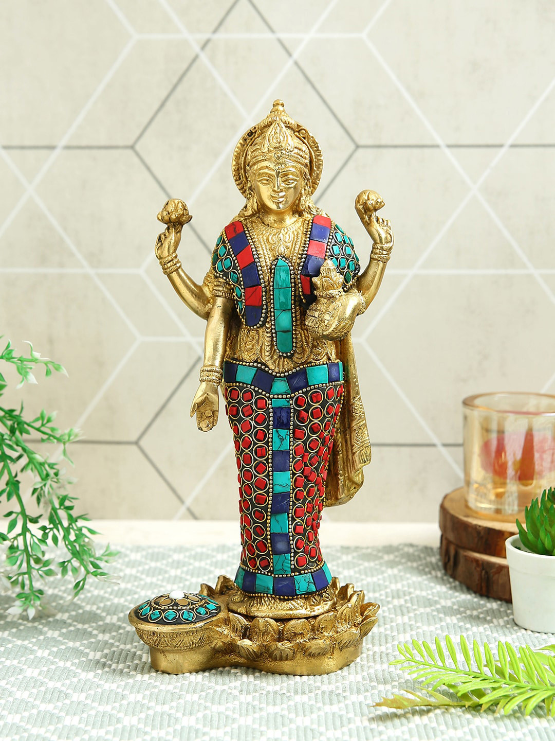 

Imli Street Red & Blue Textured Lakshmi ji With Stone Work Brass Idol Showpiece
