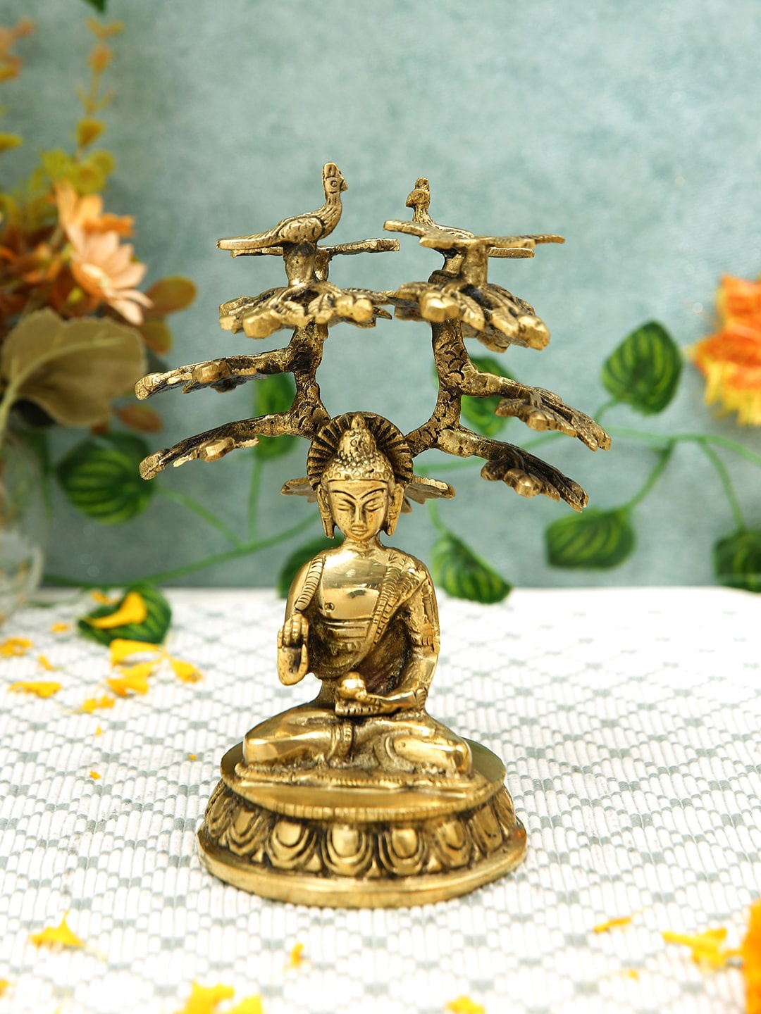 

Imli Street Golden Textured Bodhi Tree Buddha Idol Brass Showpiece, Gold