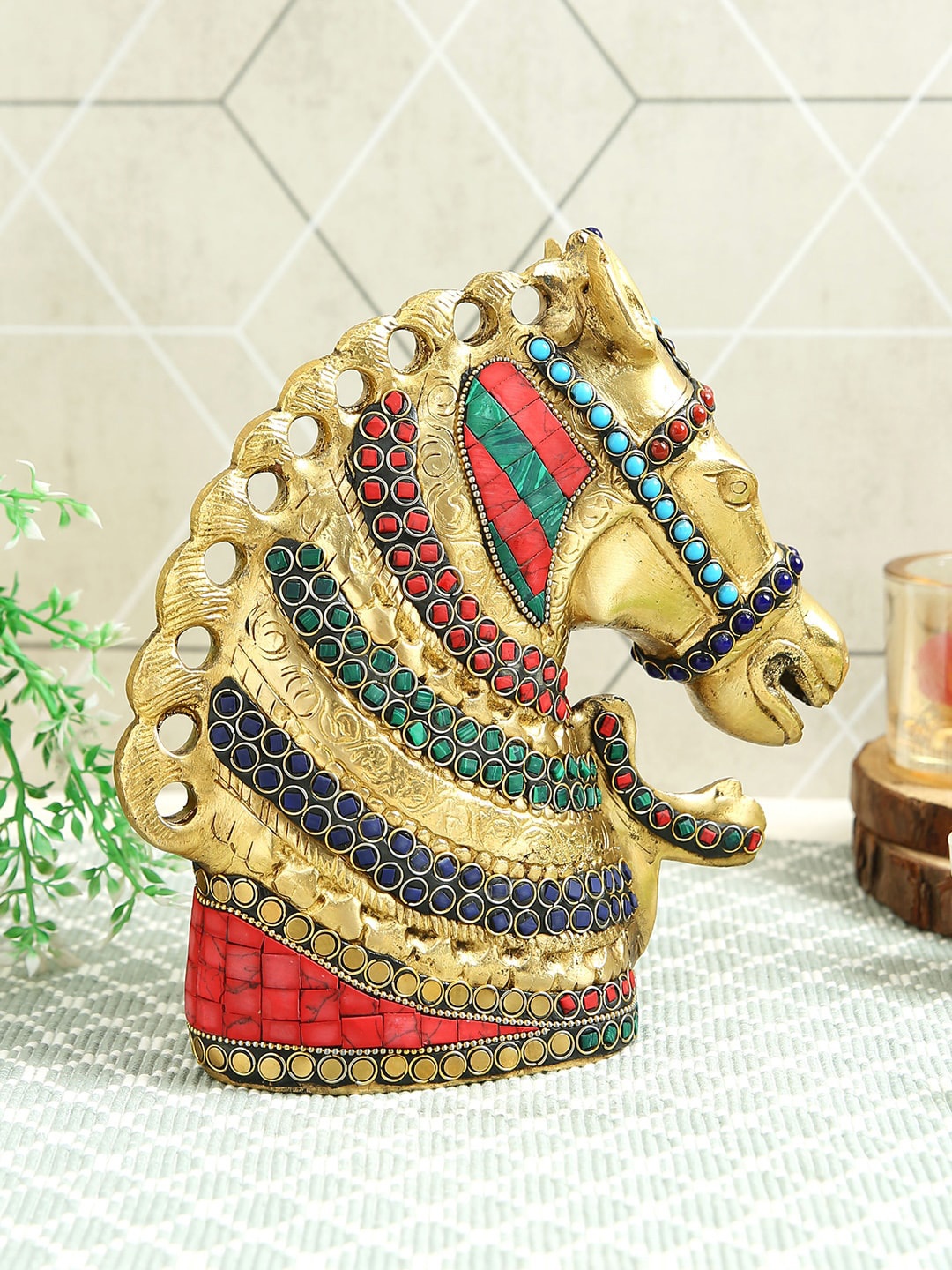 

Imli Street Red & Green Horse Head Brass Showpiece