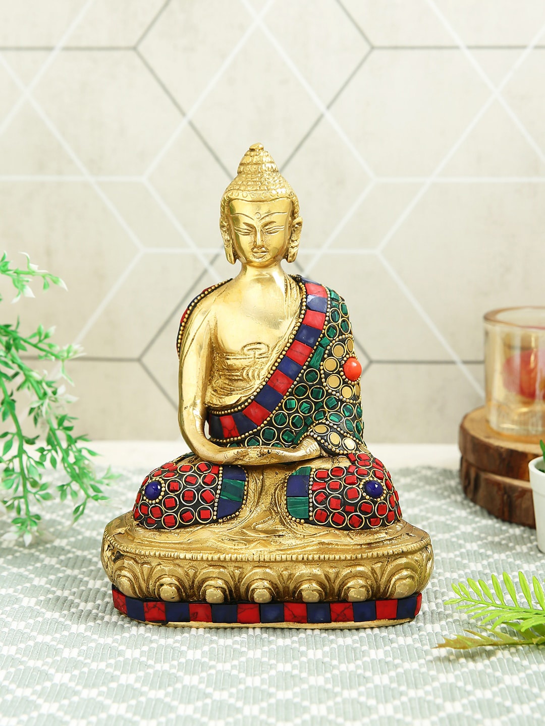 

Imli Street Red & Blue Textured Buddha With Stone Work Brass Idol Showpiece