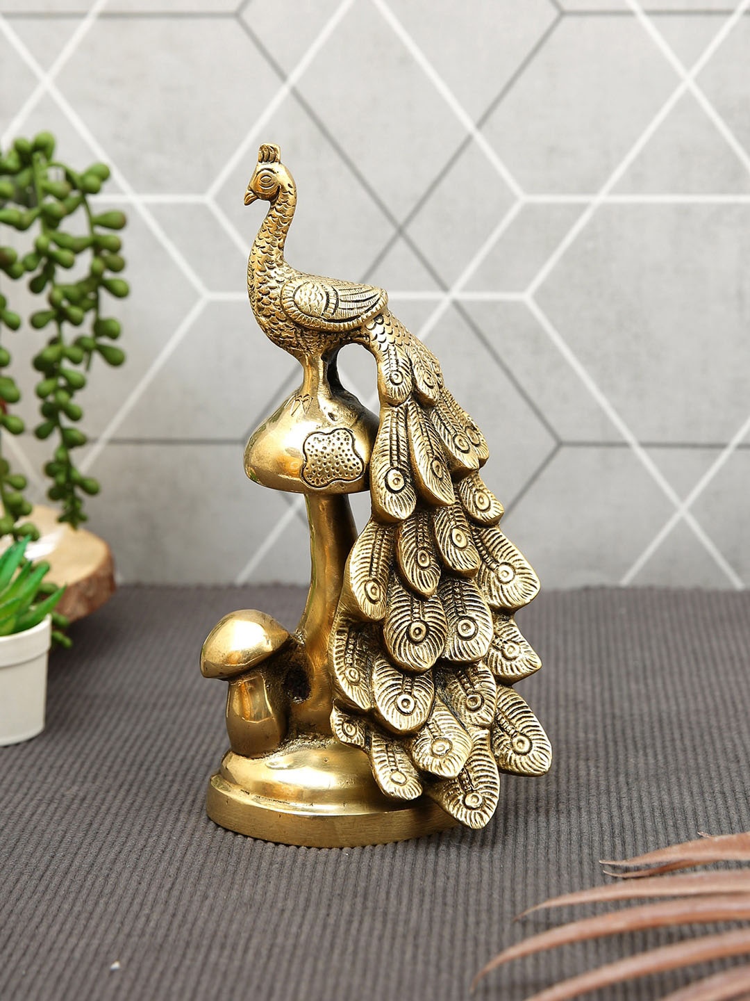 

Imli Street Gold Toned Textured Pedestal Peacock Table Brass Figurine Showpiece
