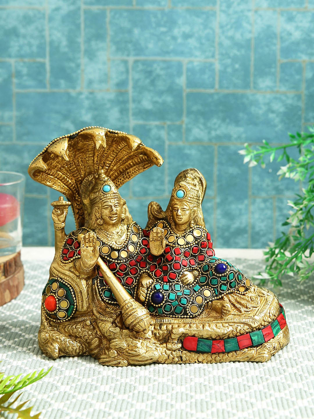 

Imli Street Brown & Red Textured Shesha Naag Vishnu Lakshmi Brass Idol Showpiece