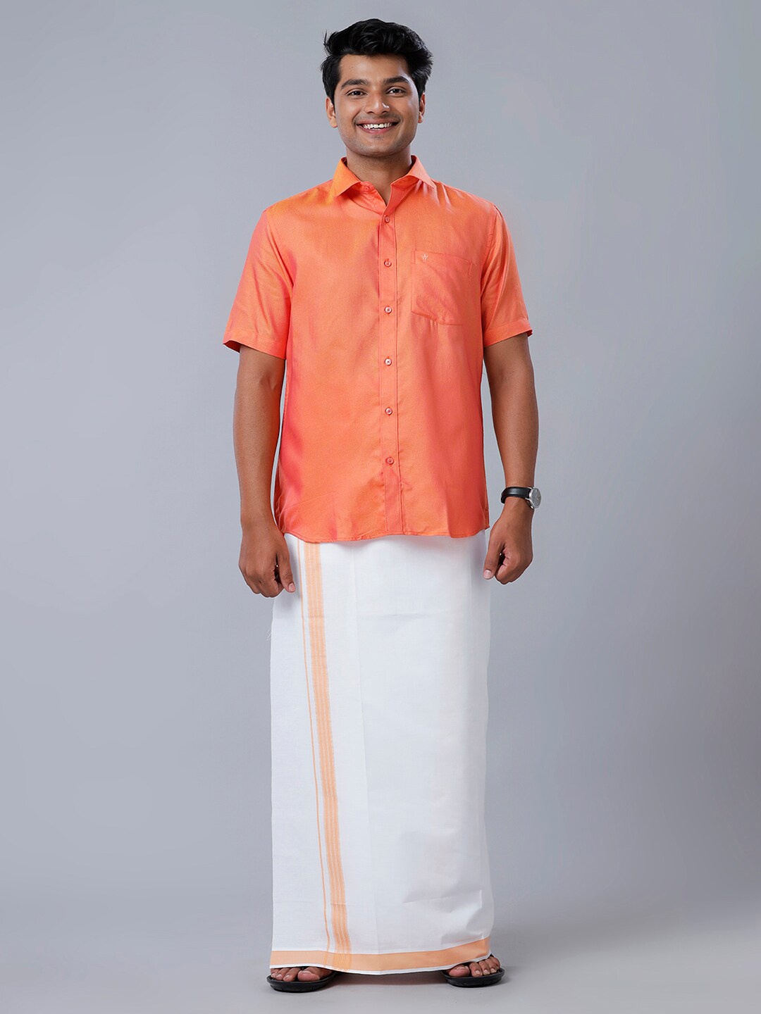 

Ramraj Cotton Mens Half Sleeve Shirt and Matching Border Dhoti Set, Orange