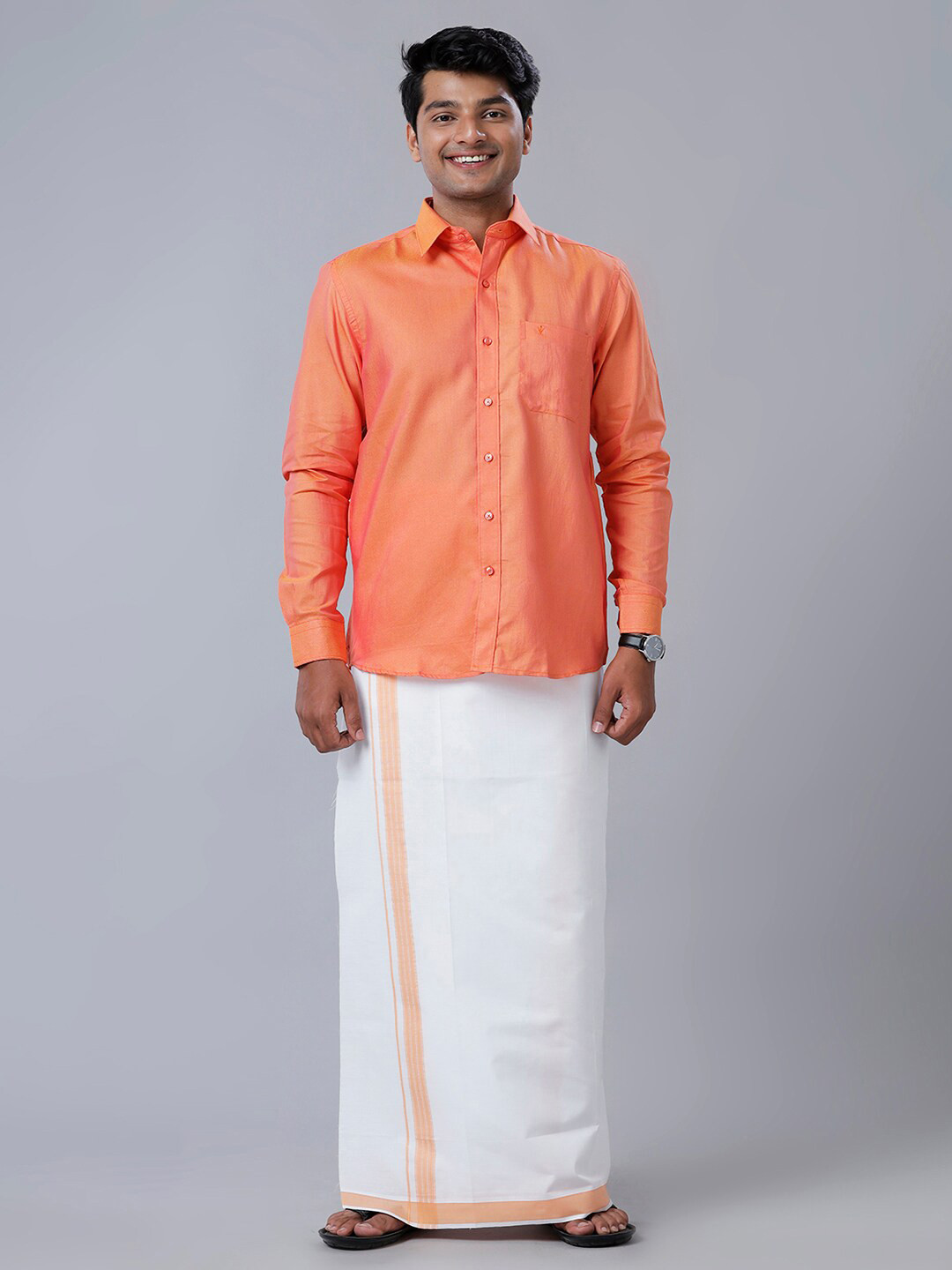 

Ramraj Cotton Full Sleeve Shirt and matching border Dhoti Set, Orange