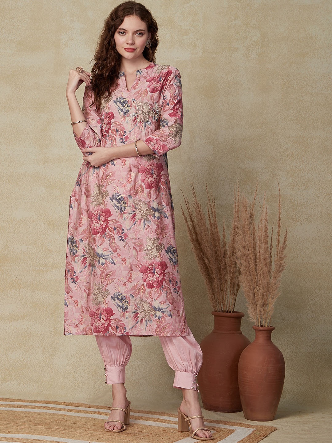 

FASHOR Floral Printed Beads and Stones Straight Kurta with Salwar, Pink