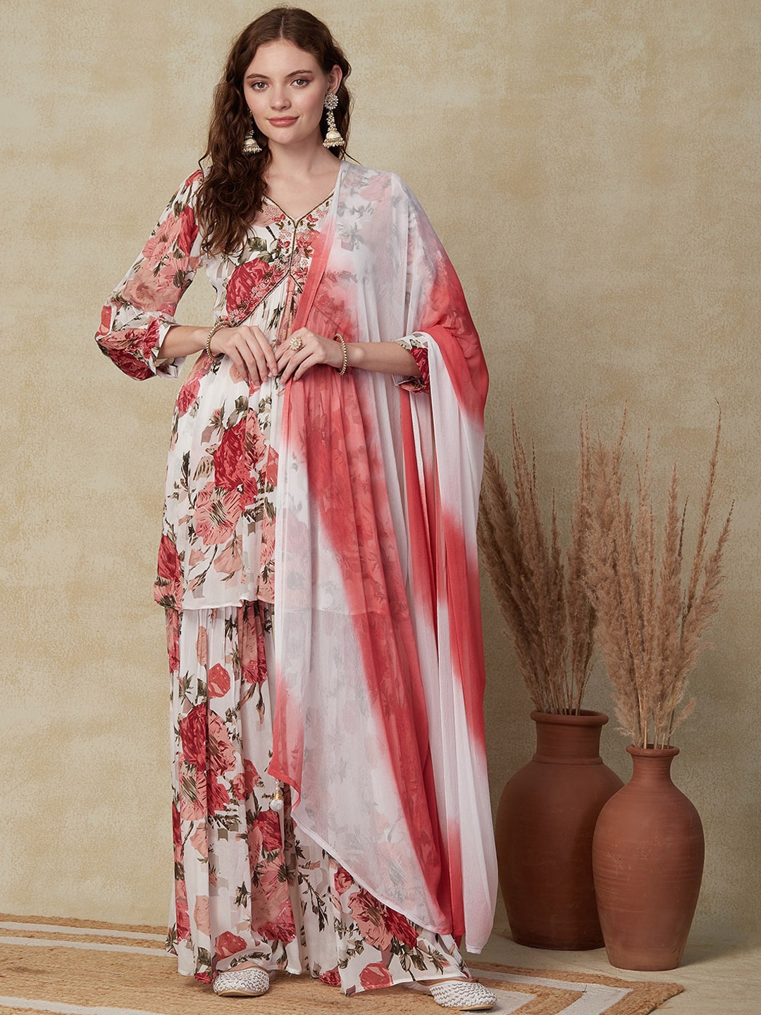 

FASHOR White Floral Printed V-Neck Empire Beads and Stones Kurta With Sharara & Dupatta