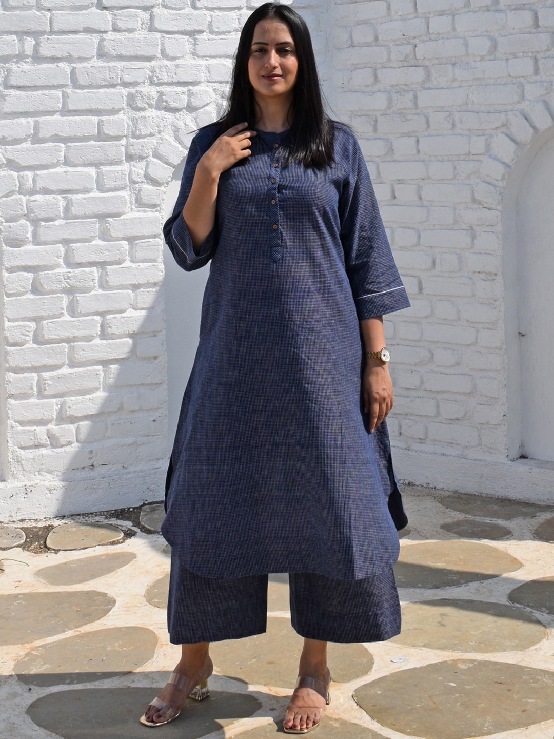 

House of Moxa Checked Flared Pure Cotton Palazzos, Blue