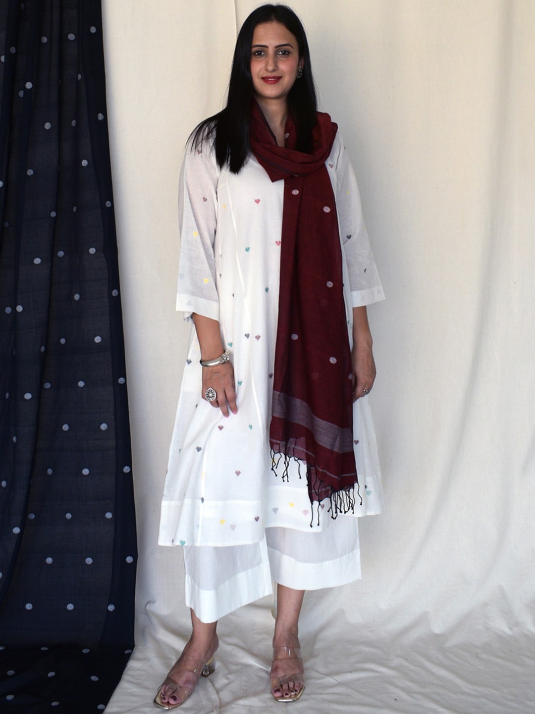 

House of Moxa Geometric Printed V-Neck Pure Cotton A-Line Kurta, White