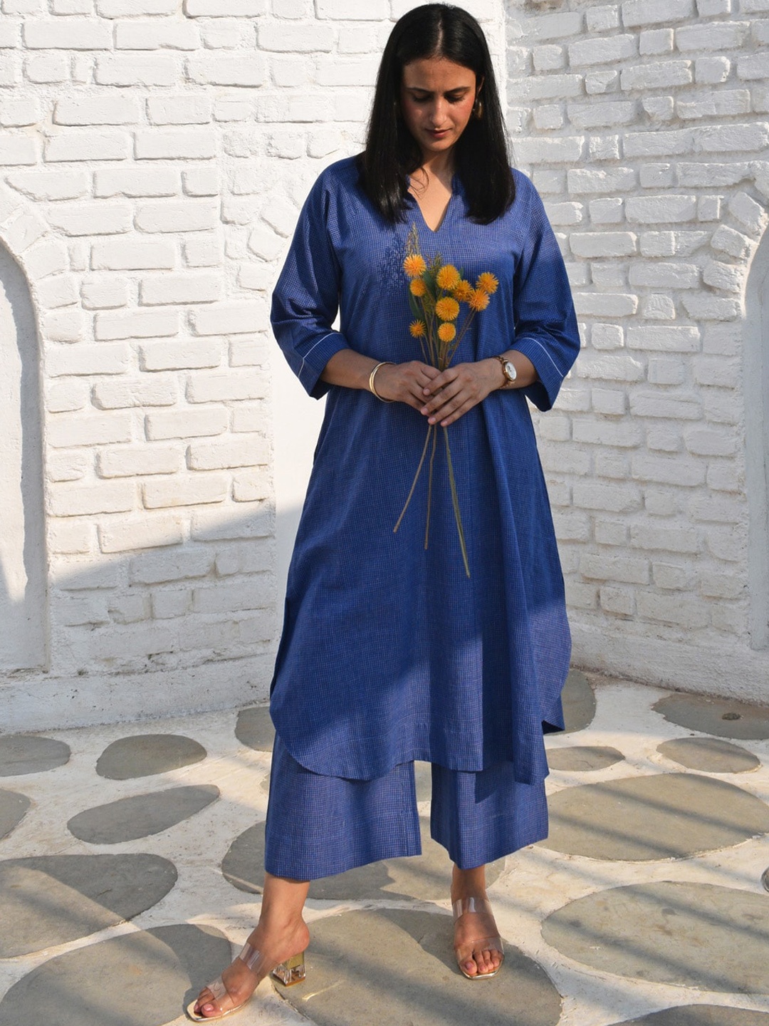 

House of Moxa Checked A-Line Pure Cotton Kurta with Trousers, Blue