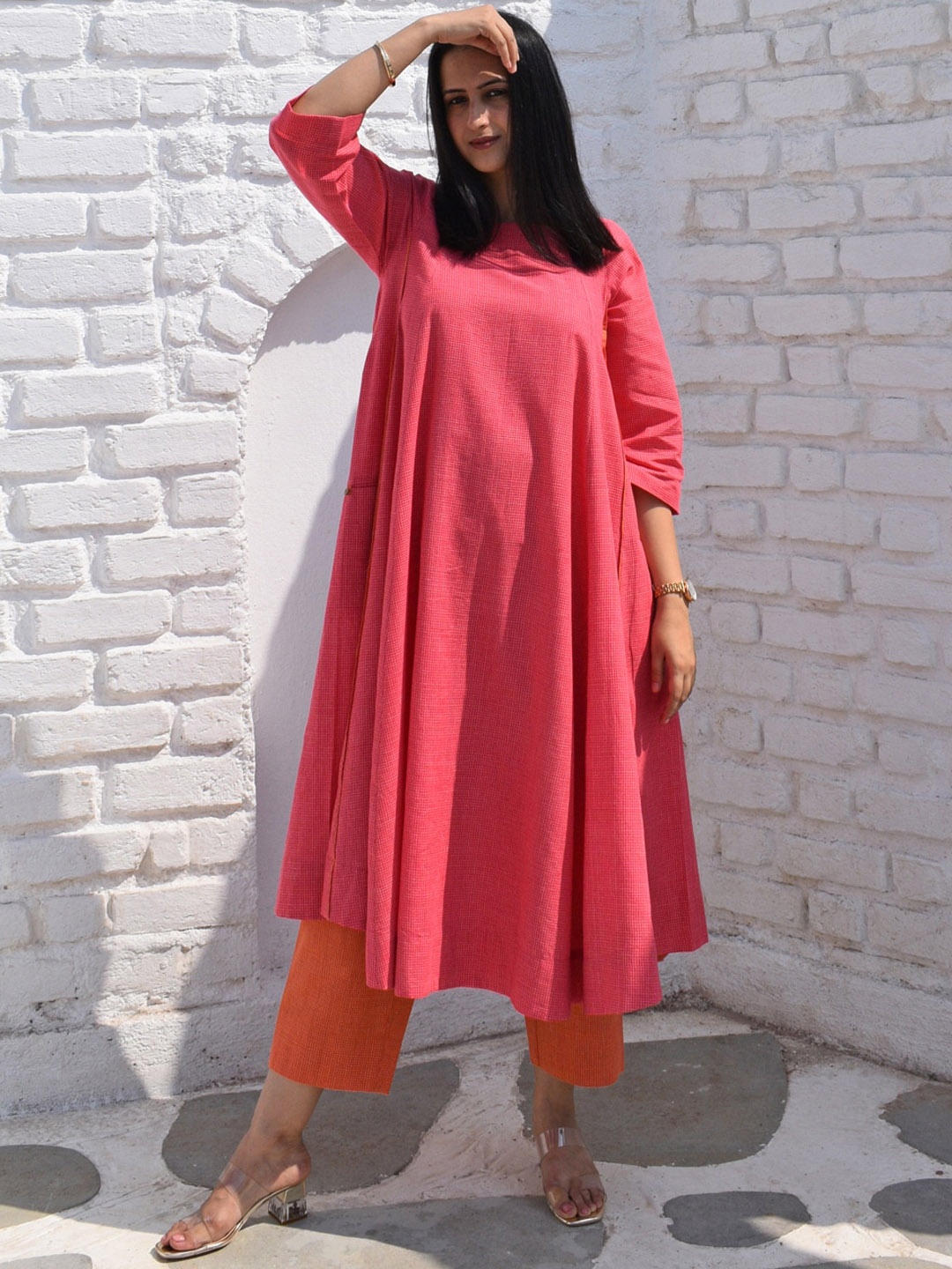 

House of Moxa Flared A-Line Kurta With Trousers, Pink