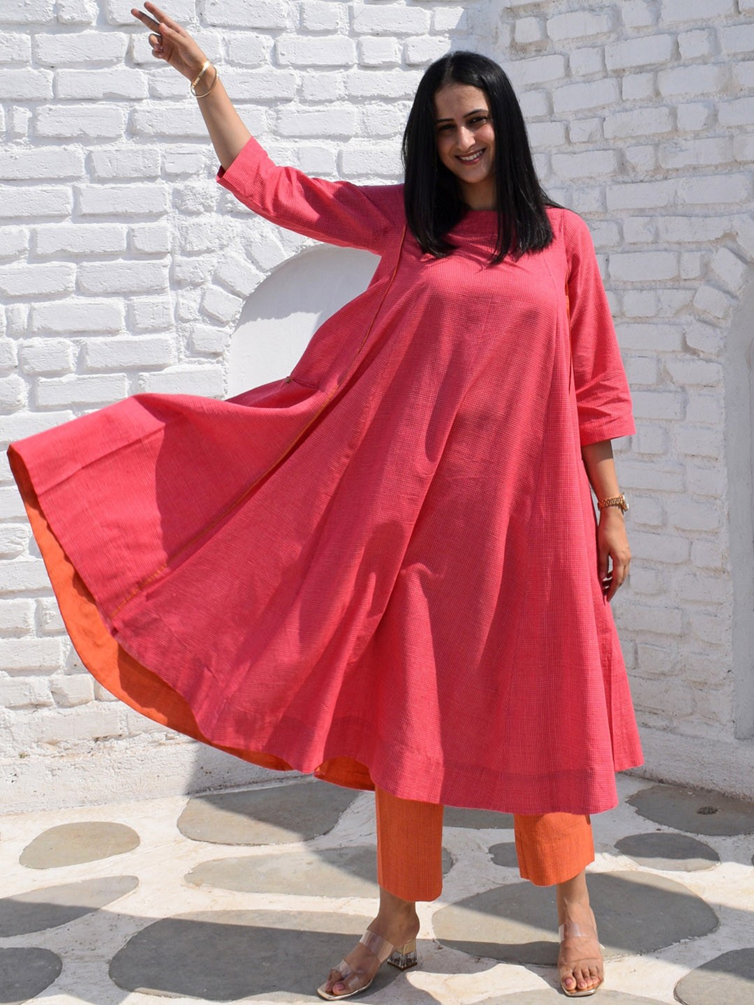 

House of Moxa Round Neck Pure Cotton Anarkali Kurta, Pink
