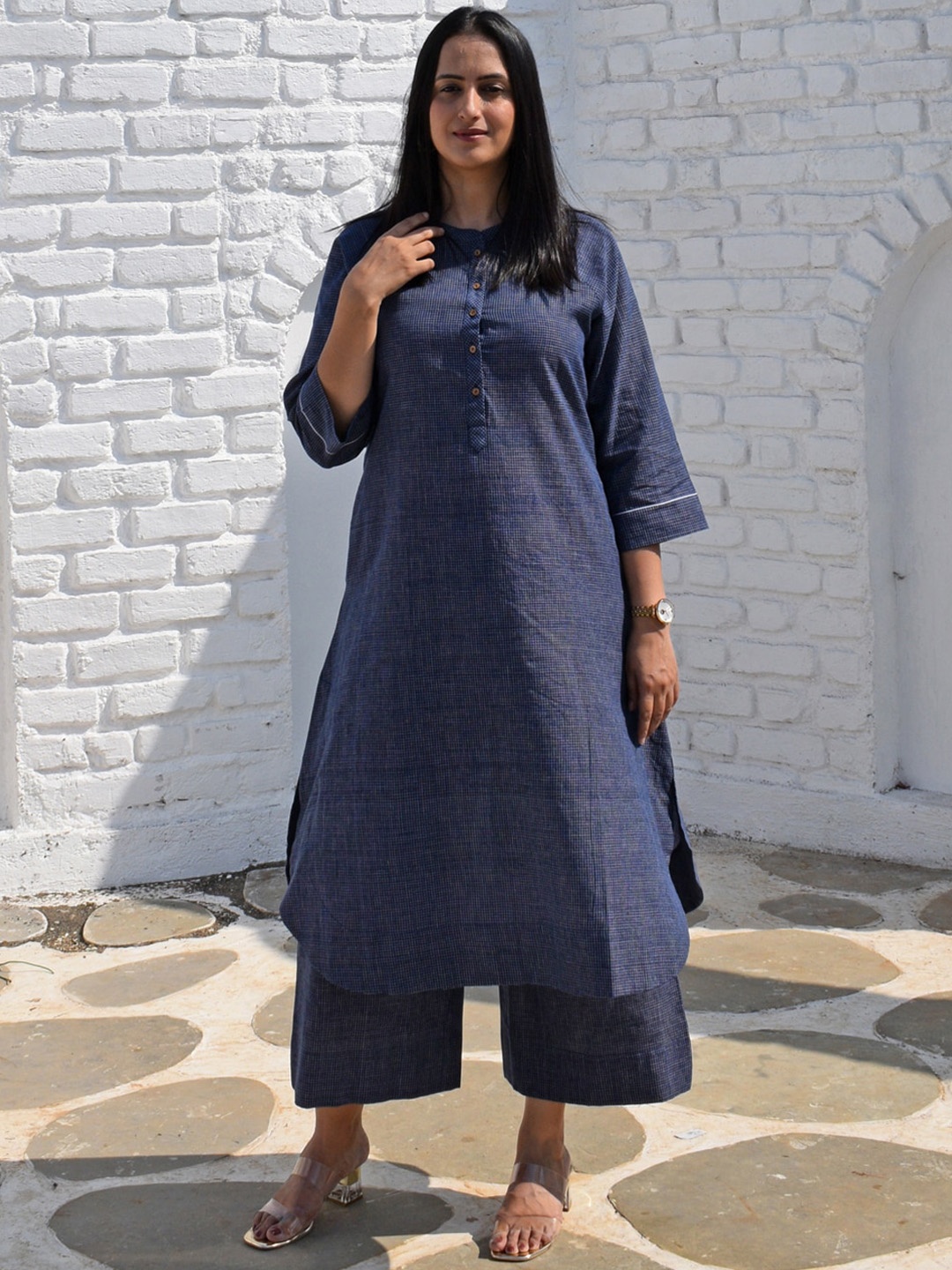 

House of Moxa Checked A-Line Pure Cotton Kurta with Trousers, Blue