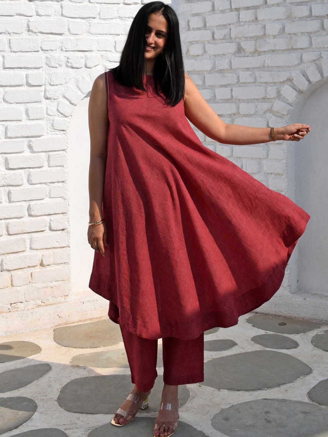 

House of Moxa Checked Anarakali Pure Cotton Kurta with Trousers, Maroon