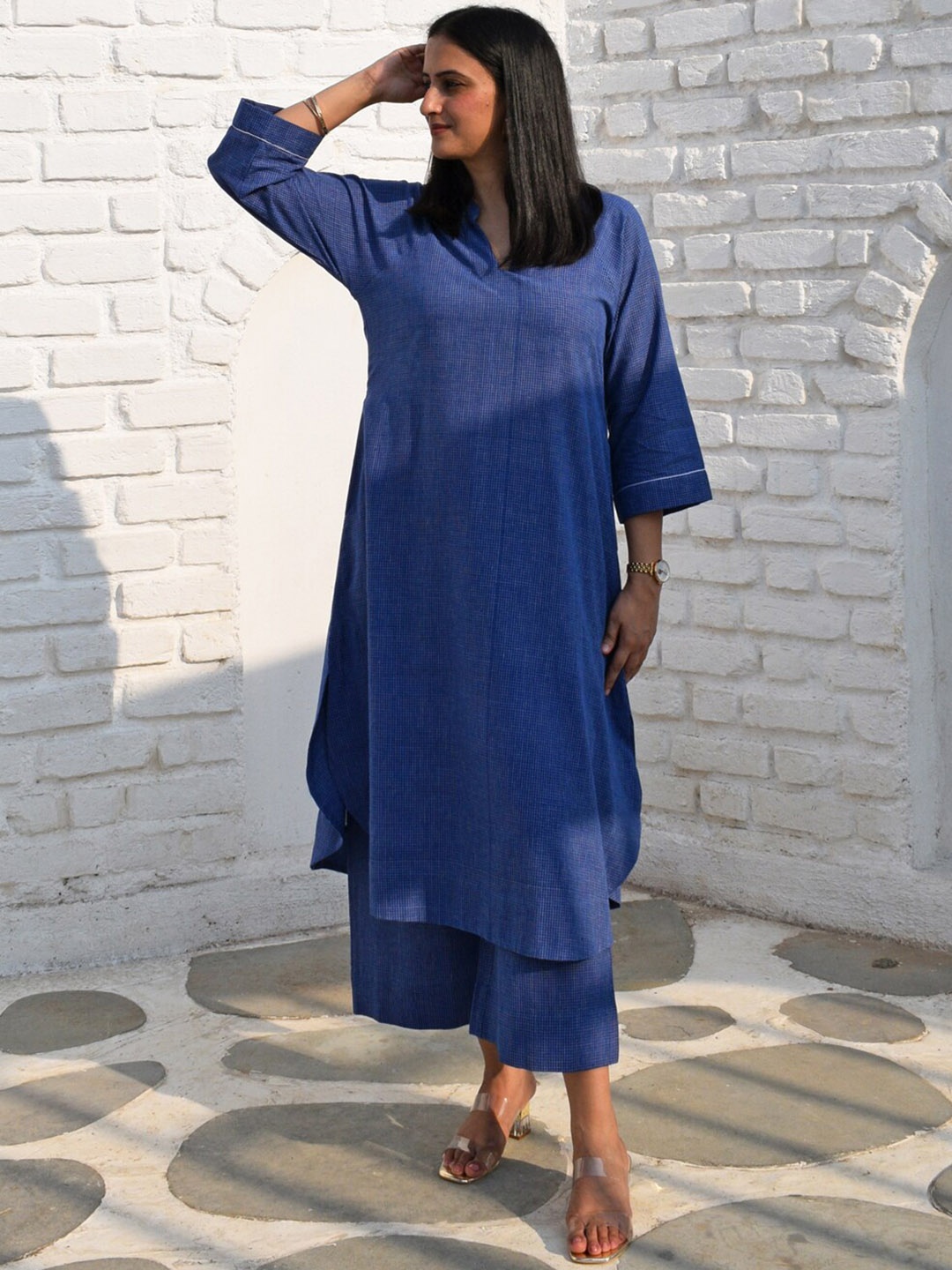

House of Moxa Checked Raglan Sleeves A-Line Kurta, Blue
