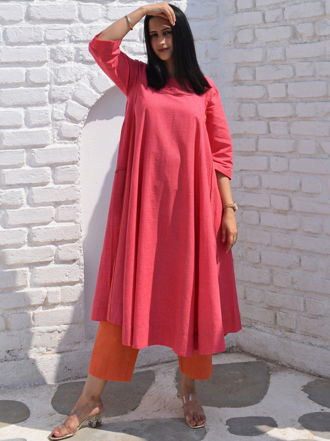 

House of Moxa Checked Pure Cotton Anarkali Kurta with Pyjamas, Pink