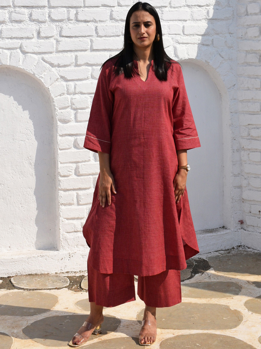 

House of Moxa Checked Pure Cotton Kurta with Trousers, Maroon