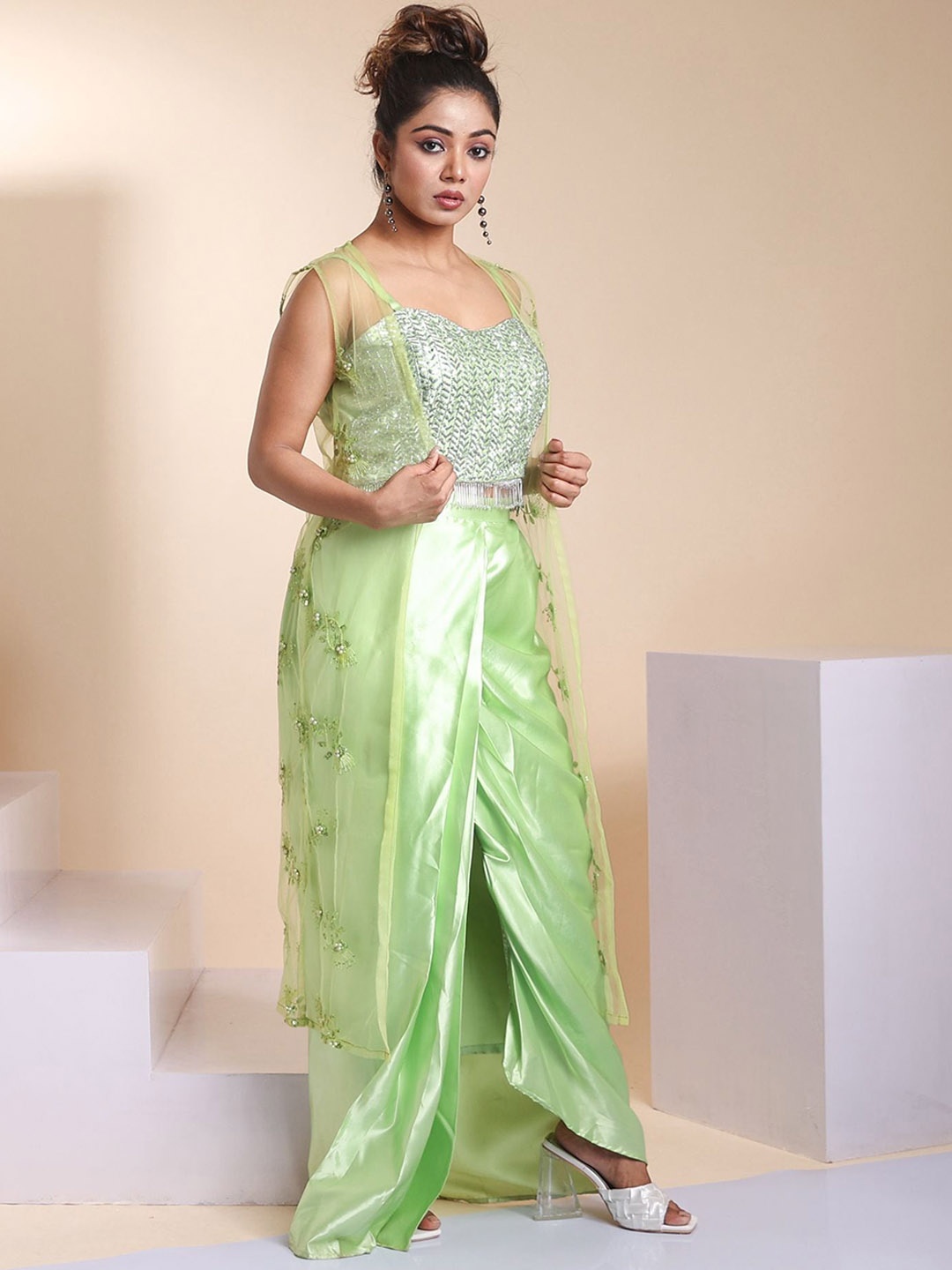 

Disli Embellished Top With Jacket & Draped Skirt Co-Ords, Green