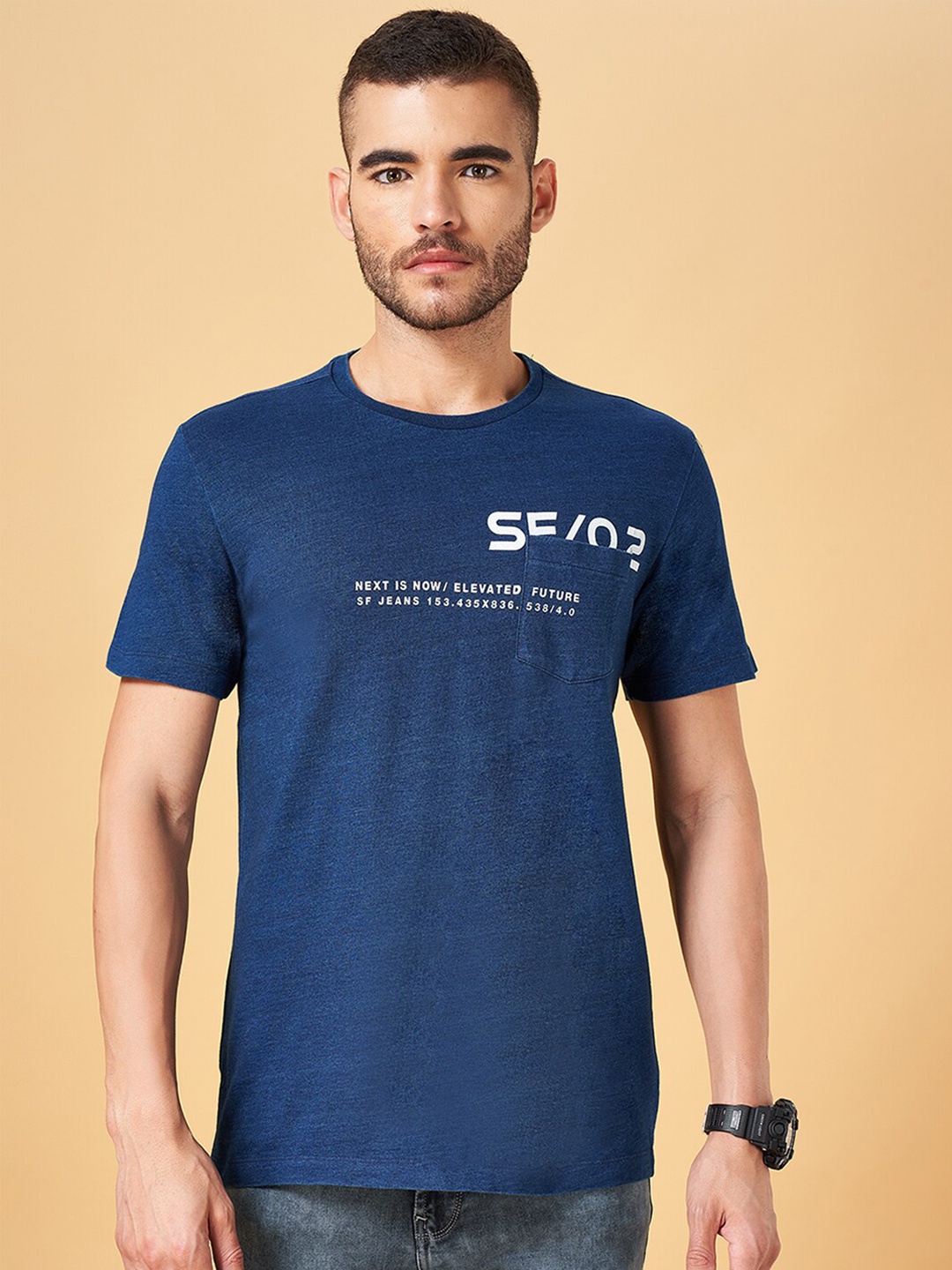 

SF JEANS by Pantaloons Typography Printed Round Neck Cotton T-shirt, Blue